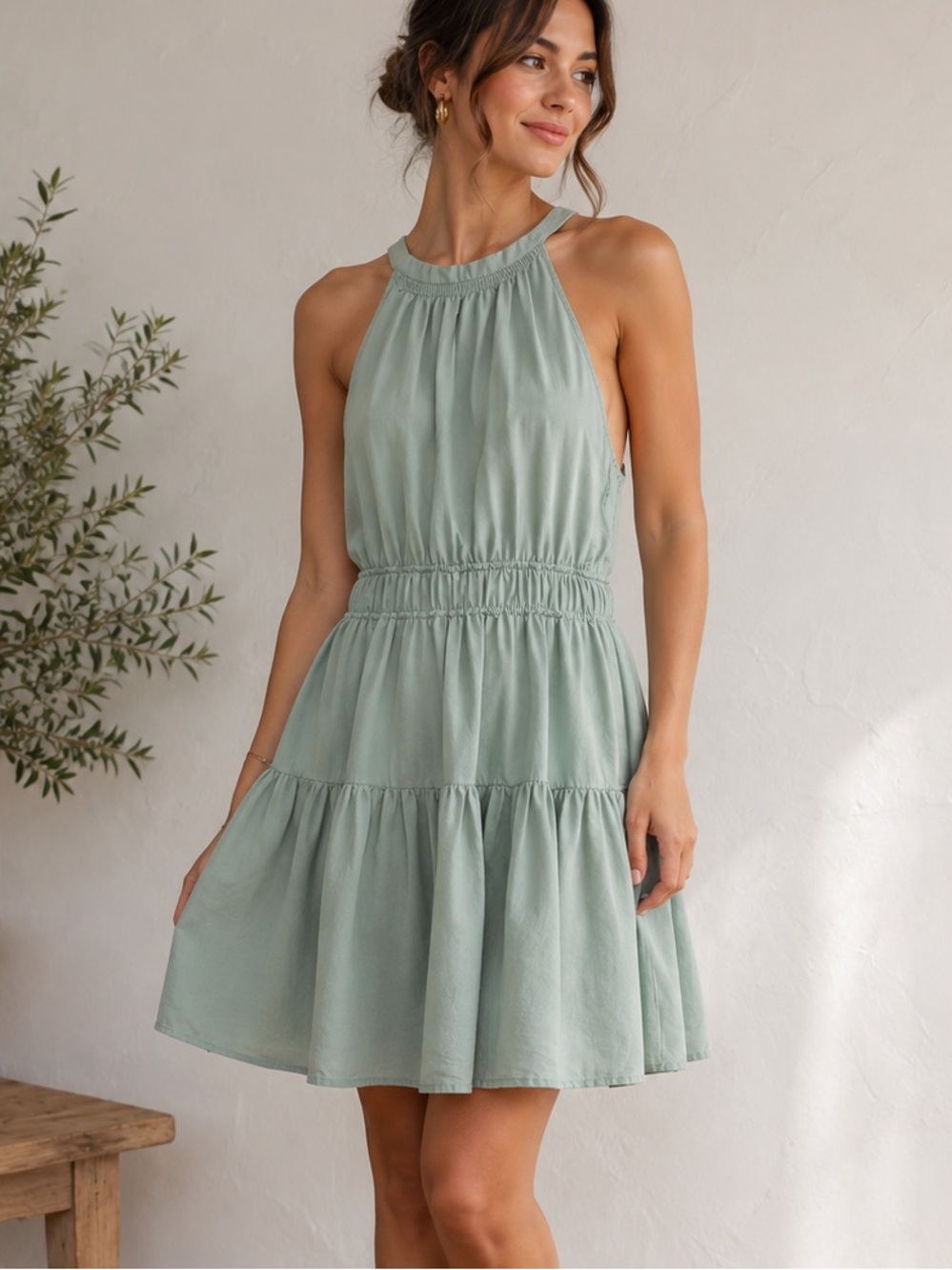 Japna Mint Green Halter Tiered Mini Dress